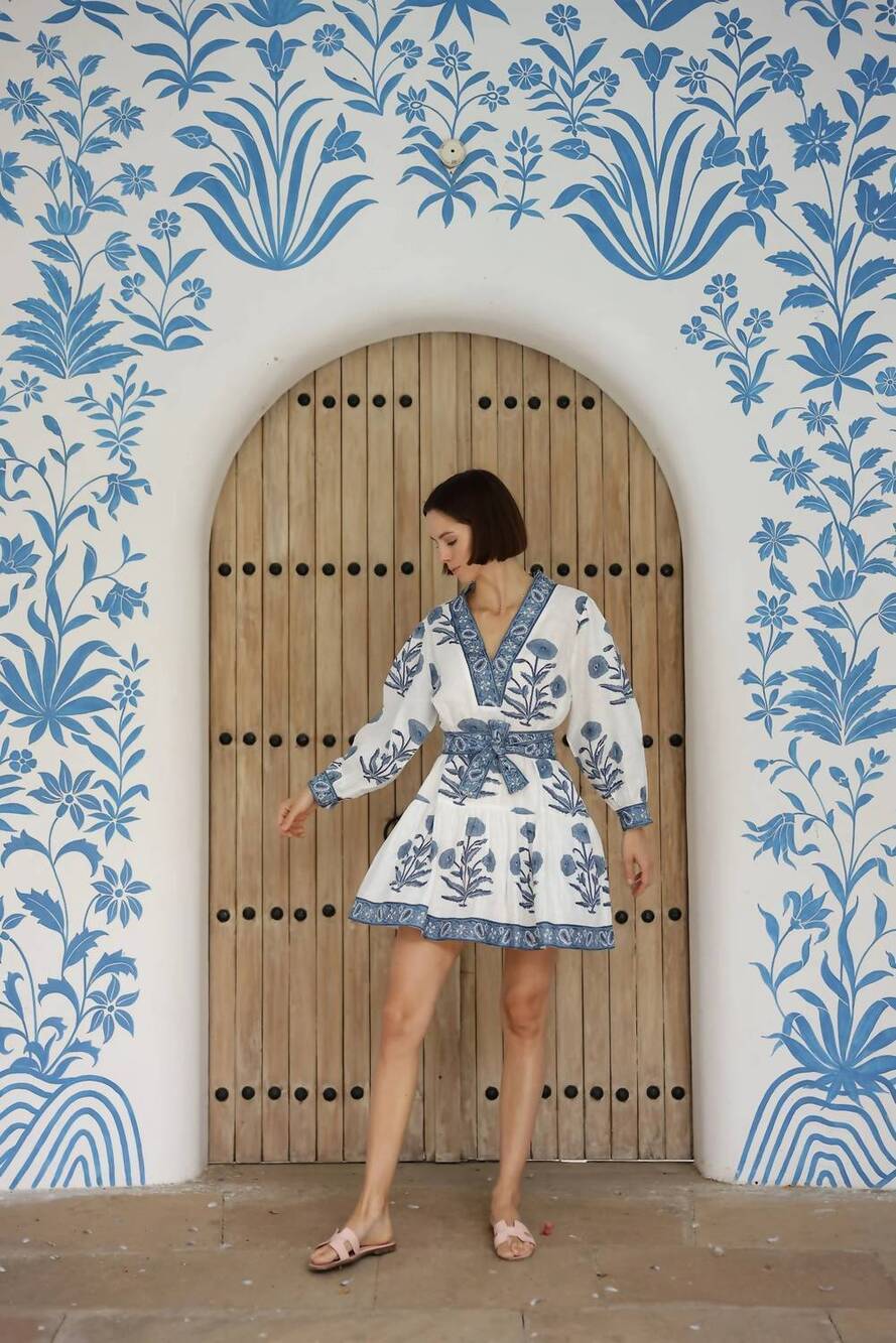 NEW MAISON MARIGOLD mykonos mini dress in indigo flower